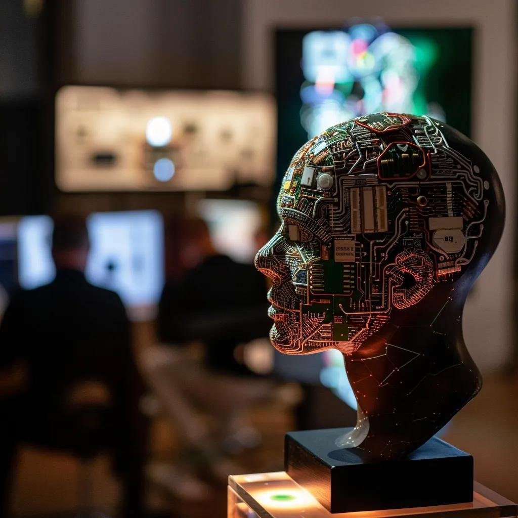 une représentation captivante de luc ferry, entouré de symboles technologiques modernes tels qu'un cerveau numérique et des circuits, dans un bureau élégant, illustrant la dialectique entre la philosophie et l'intelligence artificielle, avec une ambiance sérieuse et intellectuelle. livre luc ferry ia