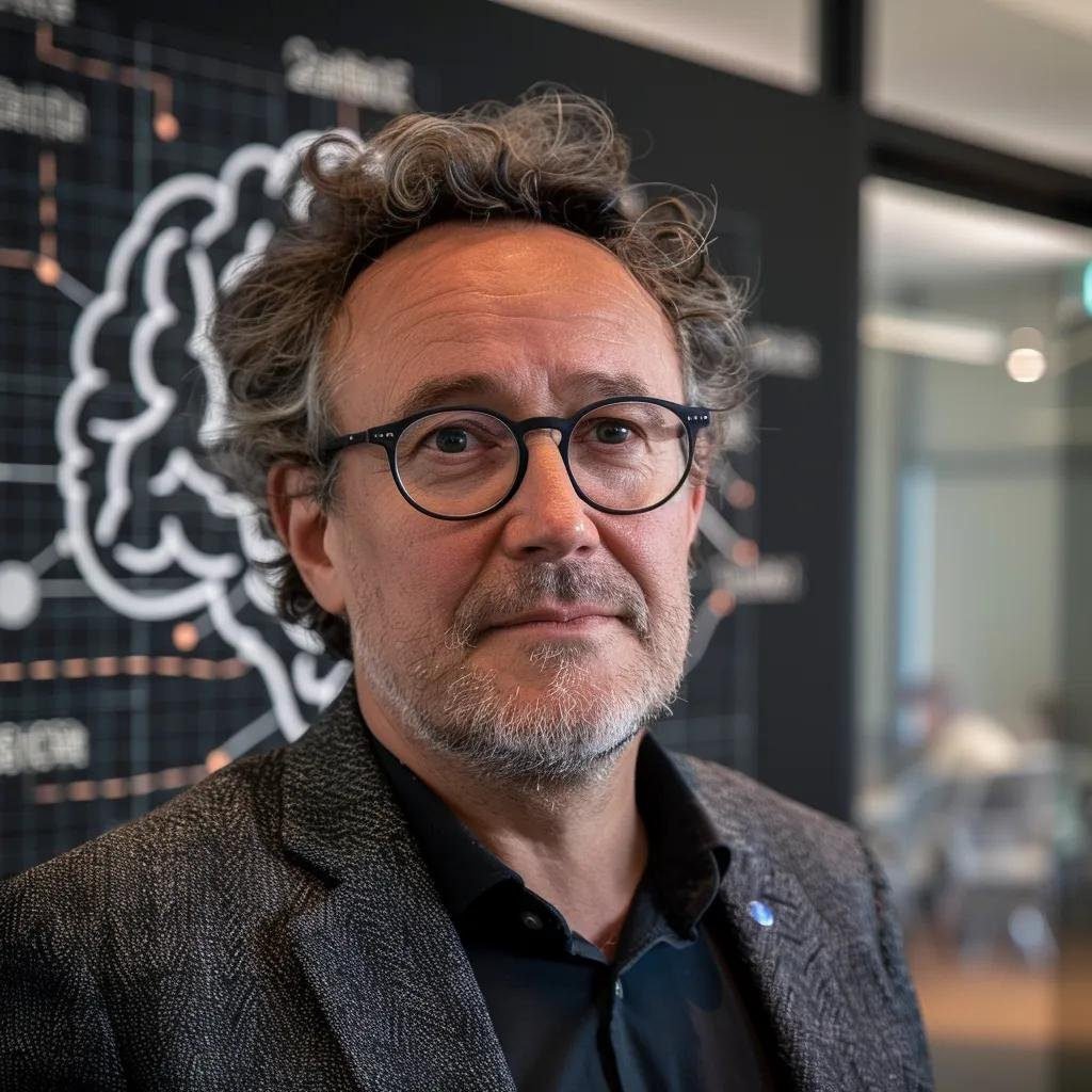 une représentation captivante de luc ferry, entouré de symboles technologiques modernes comme un cerveau numérique et des circuits interconnectés, illustrant le dialogue profond entre la philosophie et l'intelligence artificielle dans un environnement de réflexion intellectuelle stylisé. livre luc ferry ia