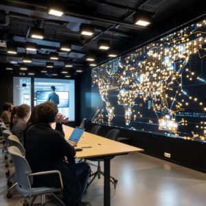une salle de conférence moderne et épurée, où luc ferry, entouré de tableaux noirs numériques, réfléchit profondément sur l'impact de l'intelligence artificielle, avec des éléments visuels de circuits et de représentations de cerveaux numériques créant une ambiance intellectuelle et sérieuse.