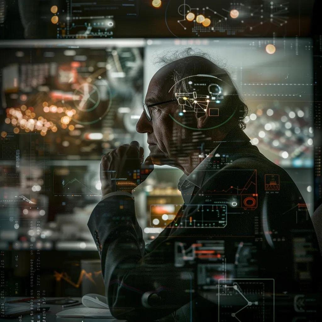 une scène captivante montre luc ferry, philosophe en pleine réflexion, dans un bureau moderne, entouré d'écrans affichant des représentations de l'intelligence artificielle et des circuits électroniques, créant une atmosphère sérieuse qui symbolise la rencontre entre la pensée philosophique et les innovations technologiques.