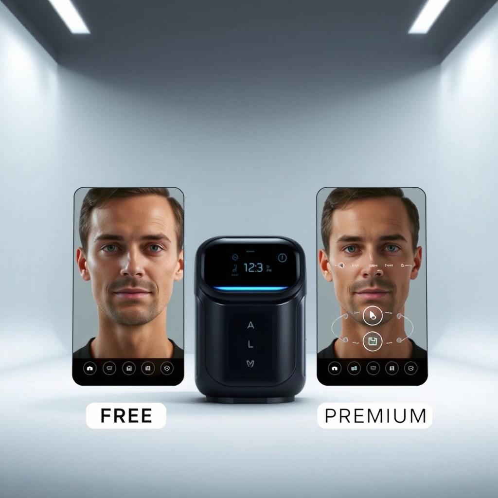 A professional studio photograph showcasing a side-by-side comparison of free and premium AI photo-to-speech solutions. In the foreground, two identical images of a person's face, one labeled "FREE" and the other "PREMIUM." The free version has a simple, basic interface, while the premium version displays a more advanced, feature-rich control panel. In the middle ground, a high-tech, futuristic-looking device representing the AI text-to-speech technology. The background is a clean, minimalist studio setting with soft, directional lighting highlighting the products and their differences. The overall mood is sleek, modern, and informative, guiding the viewer to understand the key distinctions between the free and premium options.