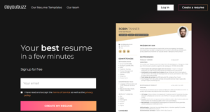 Page d'inscription pour créer un CV en ligne avec un exemple de modèle