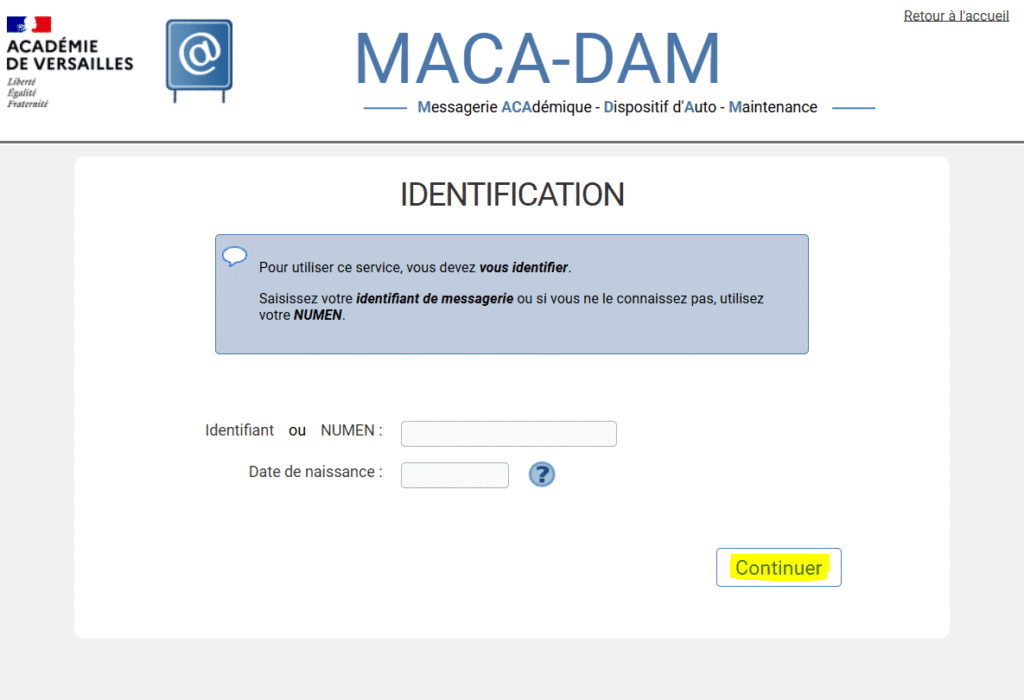 saisie du NUMEN pour webmail académique