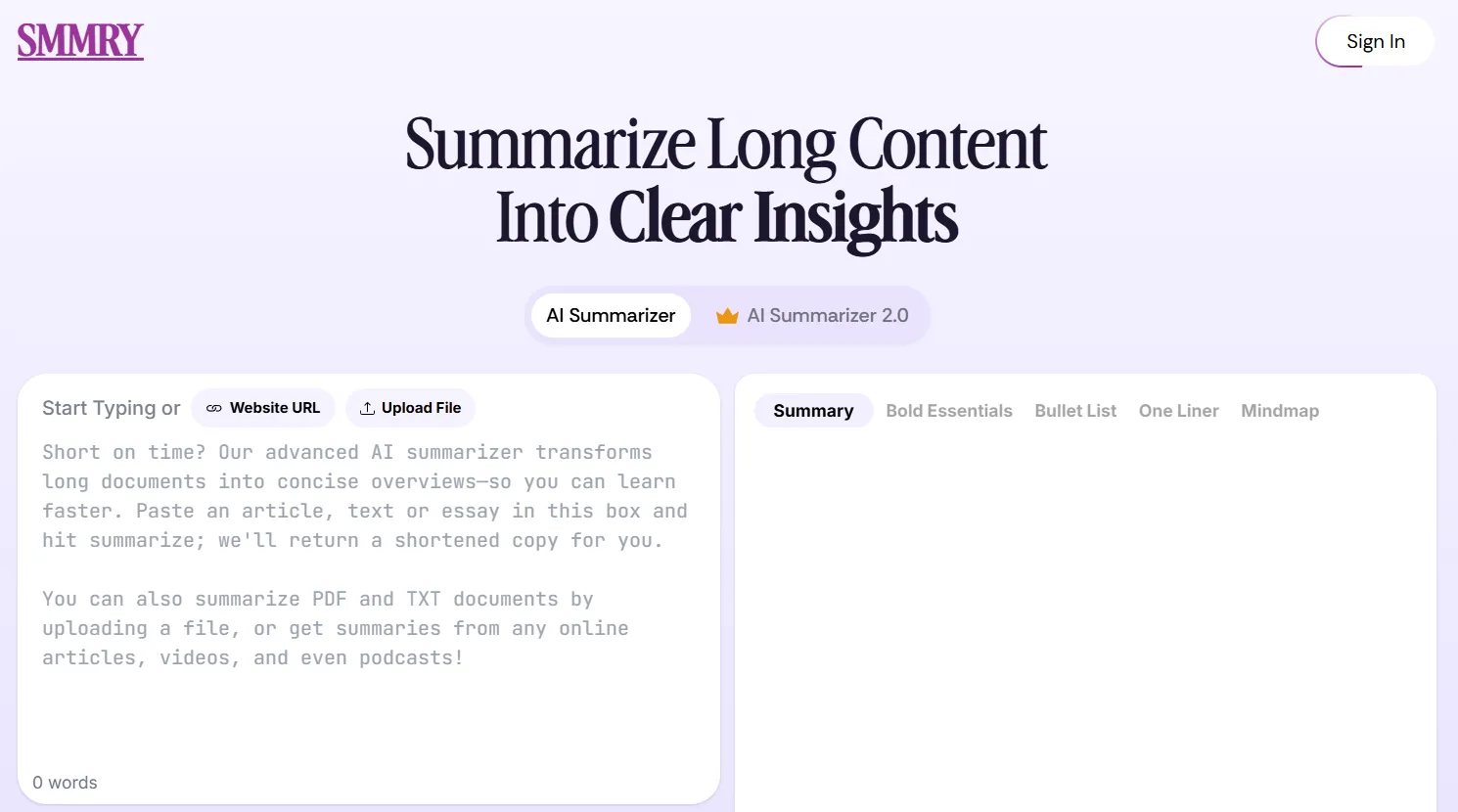 Interface web de l'outil de résumé de texte automatique Smmry avec zone de saisie