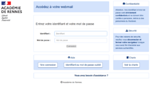 Page de connexion au webmail de l'Académie de Rennes avec champs d'identification.
