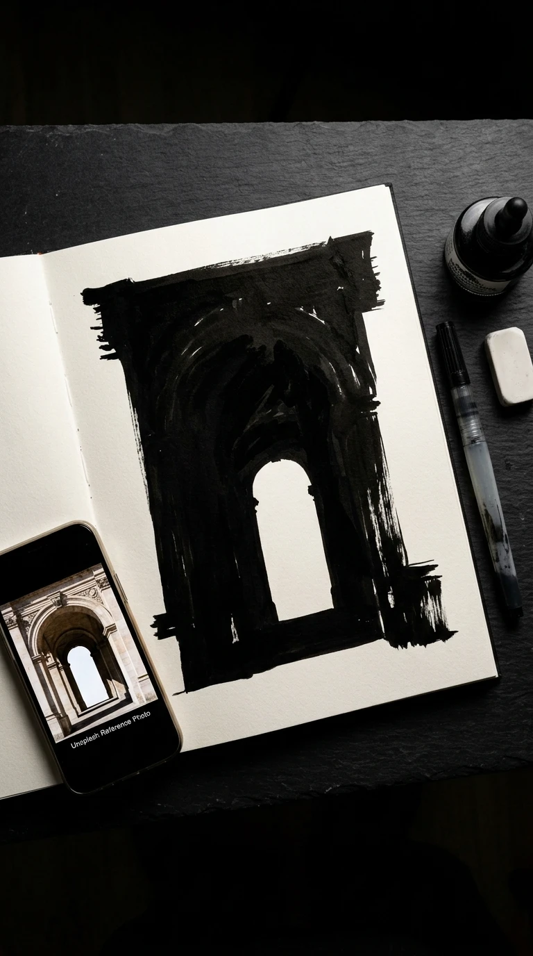 Choisis une photo libre de droits sur Unsplash et dessine uniquement les ombres qu'elle contient