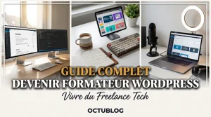 Trois bureaux d'ordinateur avec écrans, tablette, micro et lumière annulaire pour le travail tech.