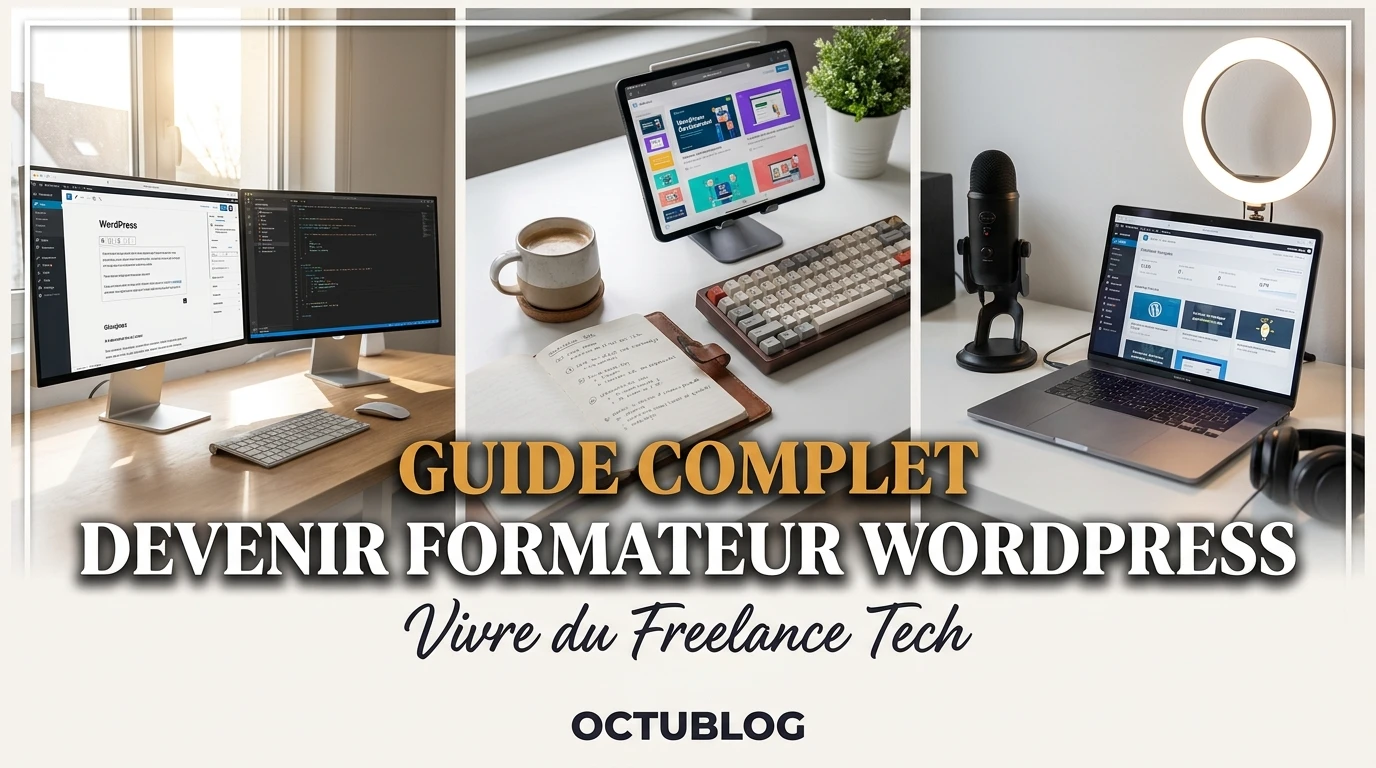 Trois bureaux d'ordinateur avec écrans, tablette, micro et lumière annulaire pour le travail tech.