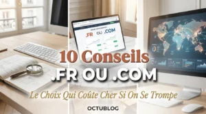 Image divisée montrant des ordinateurs et des conseils sur le choix entre .FR ou .COM.