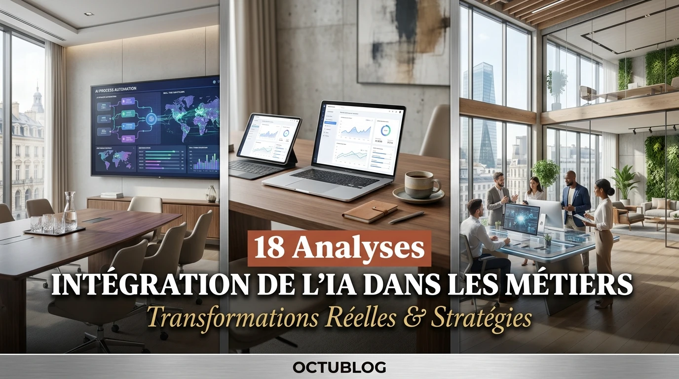 Trois scènes de bureaux modernes illustrant l'intégration de l'IA et l'analyse de données.