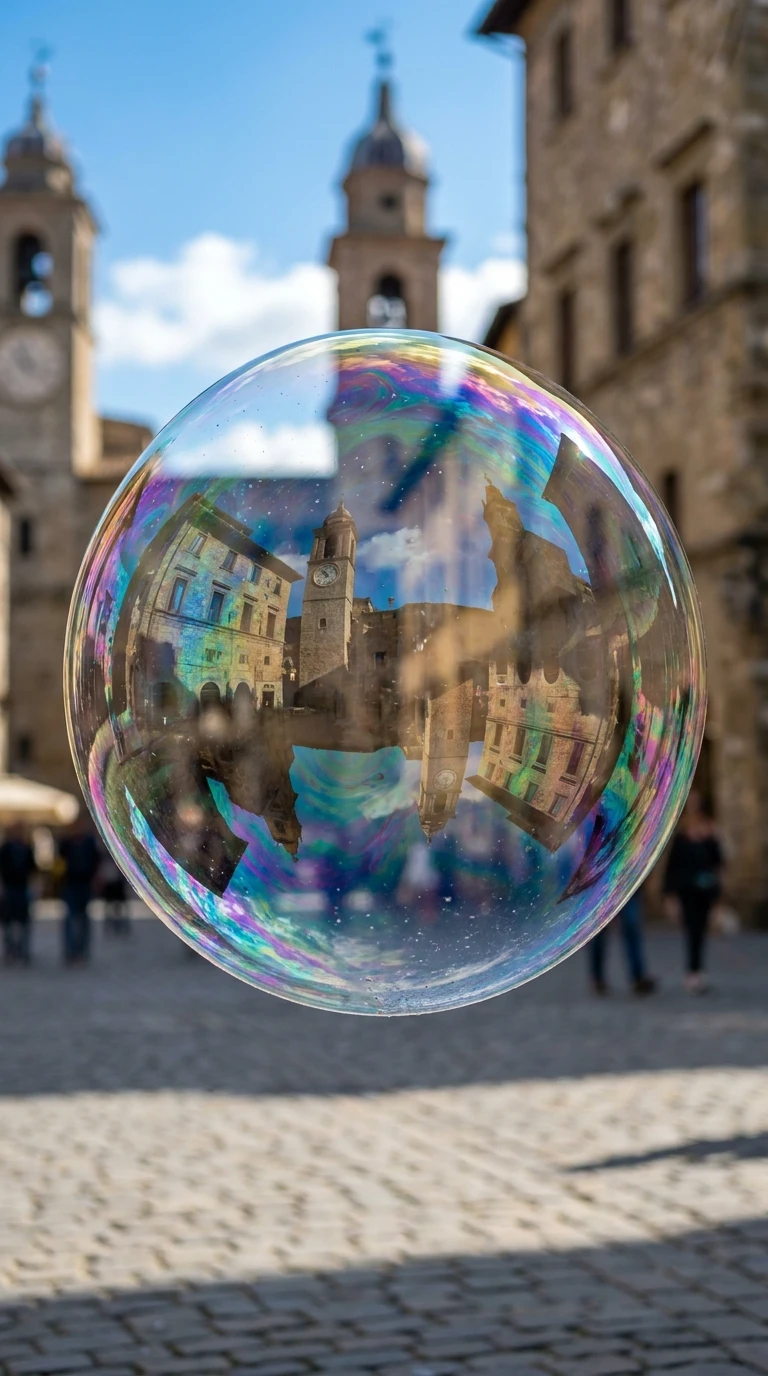 La bulle de savon soufflée par un enfant sur une place