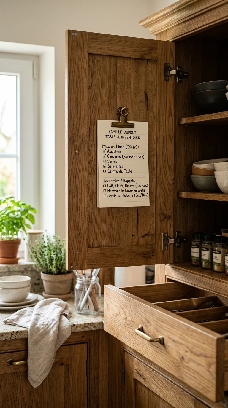 La checklist affichée à l'intérieur du placard voisin