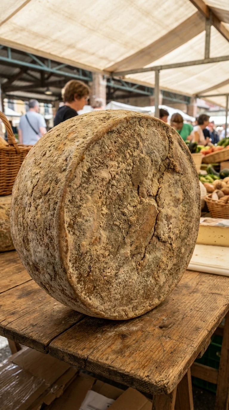 La meule de fromage sur un étal de marché