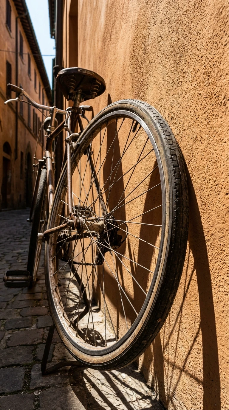 La roue de vélo appuyée contre un mur
