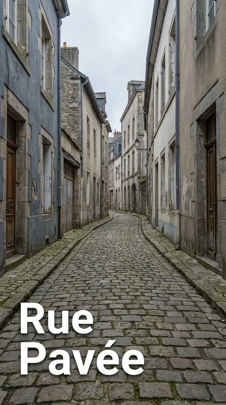 La rue pavée sous un ciel couvert