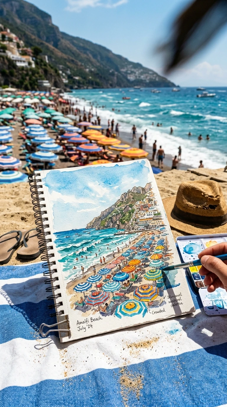La scène de plage avec plusieurs éléments