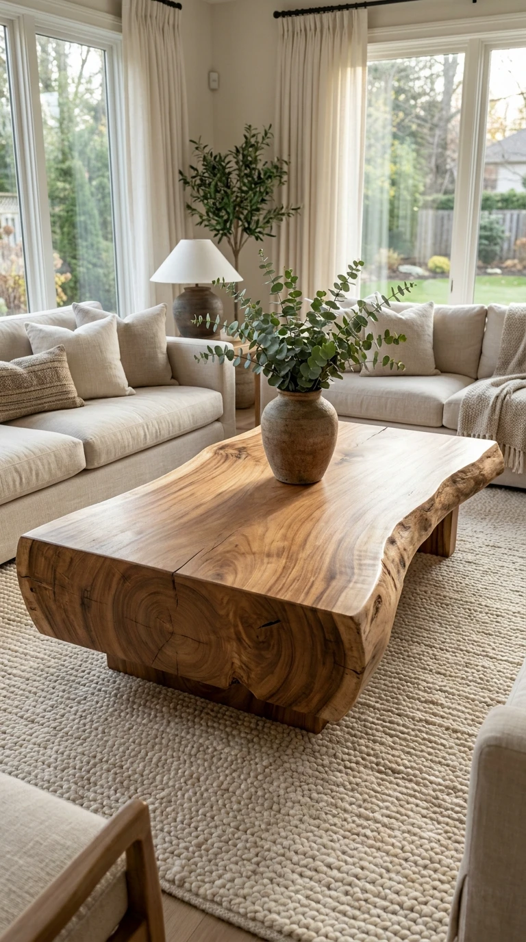 La table basse en bois brut rapportée ou inspirée d'un artisanat local