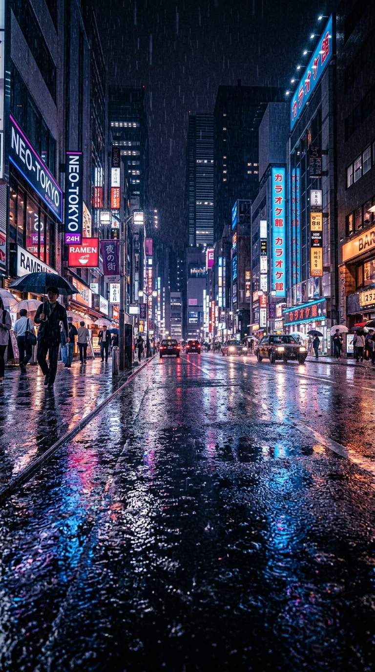 La ville sous la pluie, la nuit