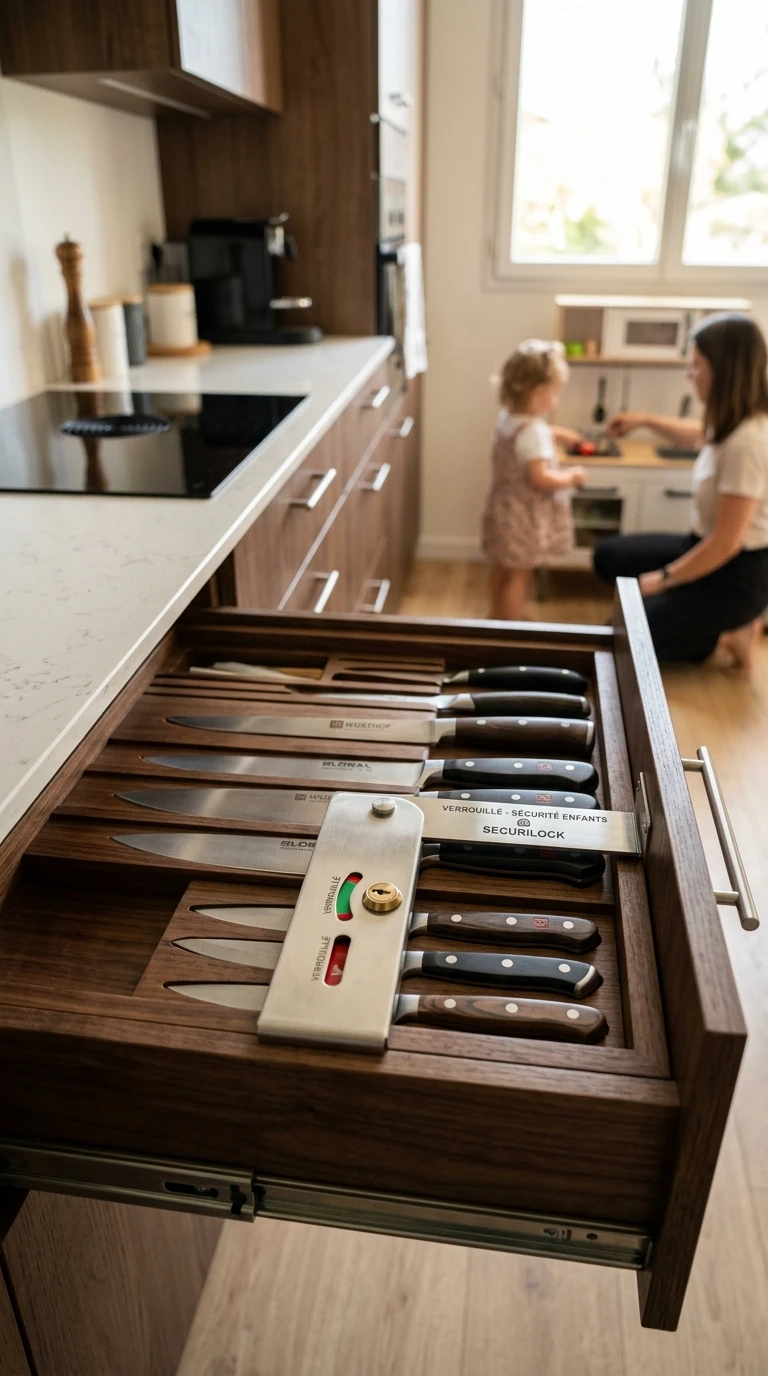 Le compartiment verrouillable pour les couteaux, si de jeunes enfants sont présents