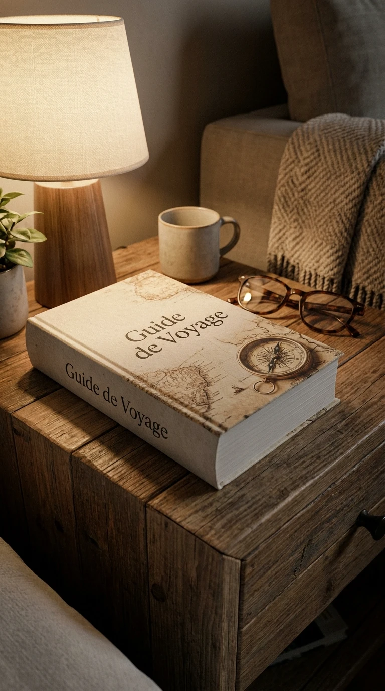 Le guide de voyage posé sur une table de chevet