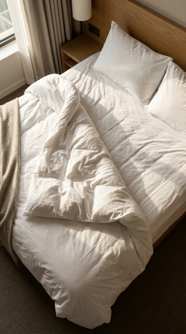 Le lit défait dans une chambre d'hôtel