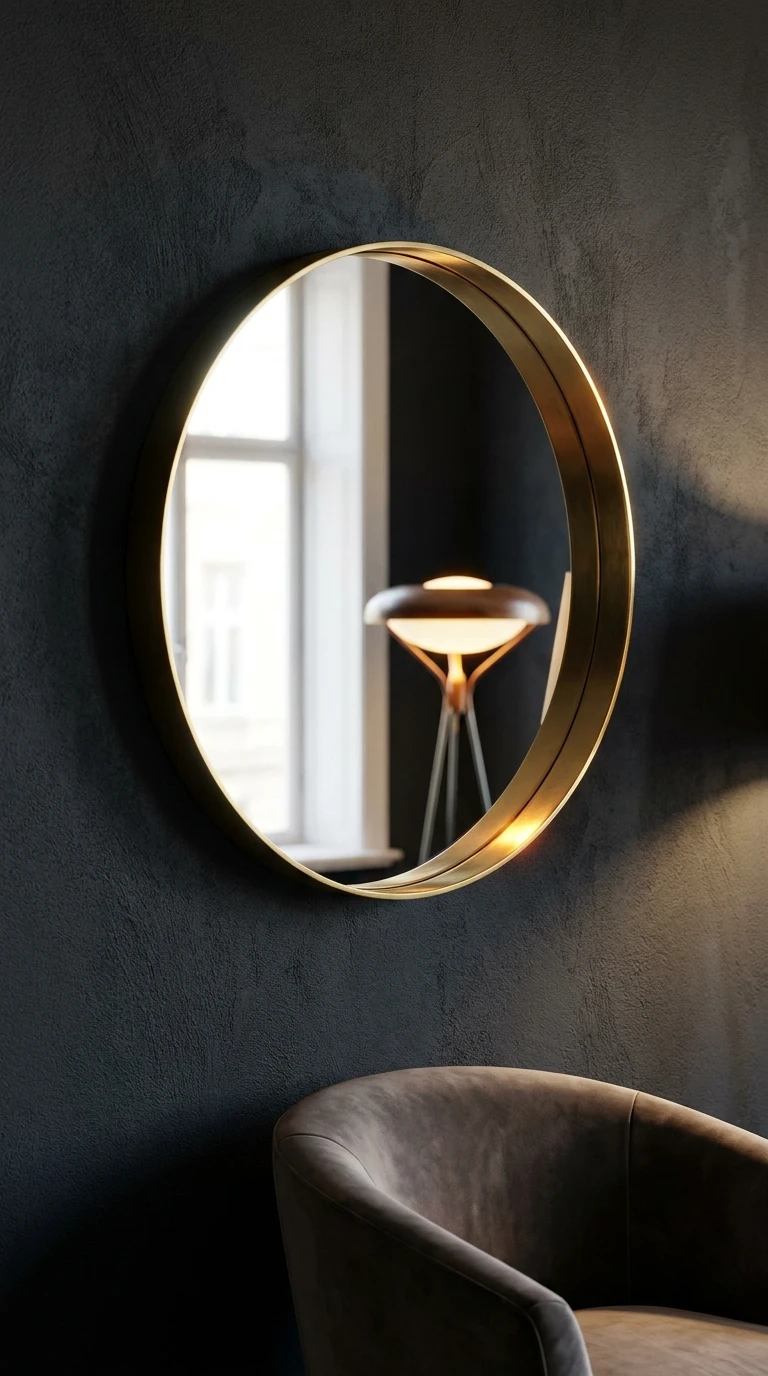 Le miroir rond accroché dans une chambre d'hôtel