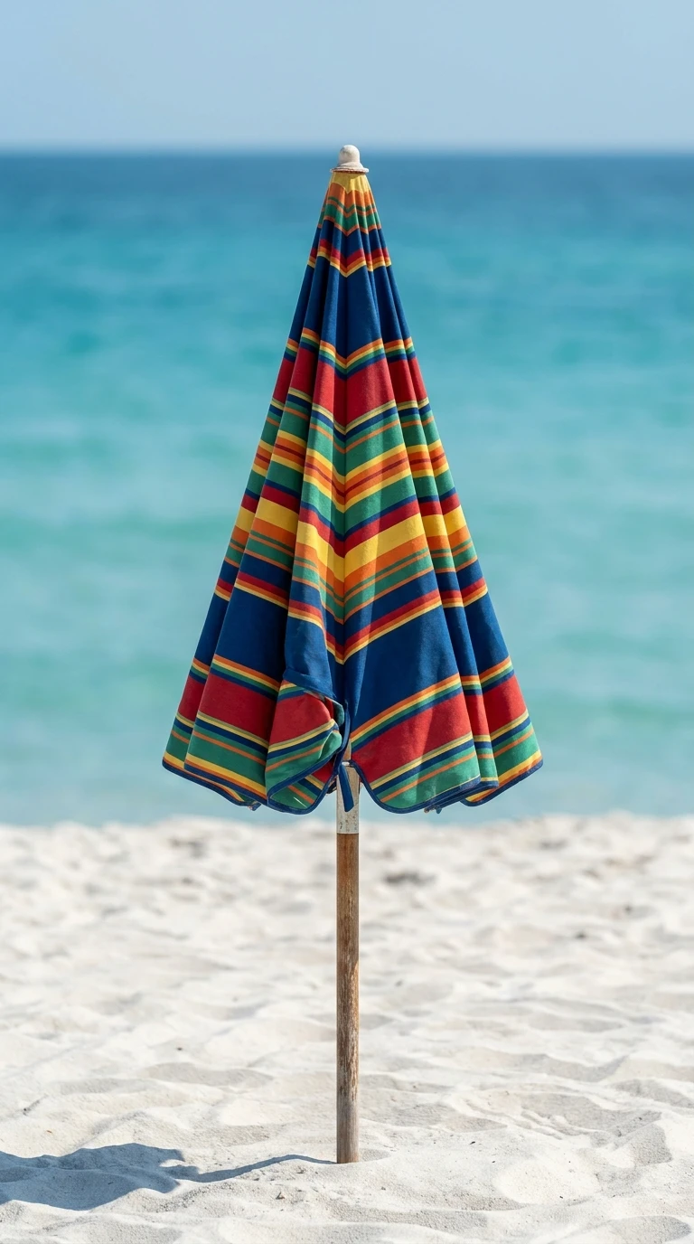 Le parasol de plage fermé, planté dans le sable