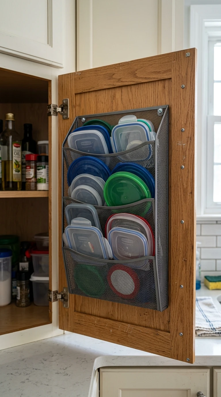 Le porte-revues détourné, fixé à l'intérieur d'une porte
