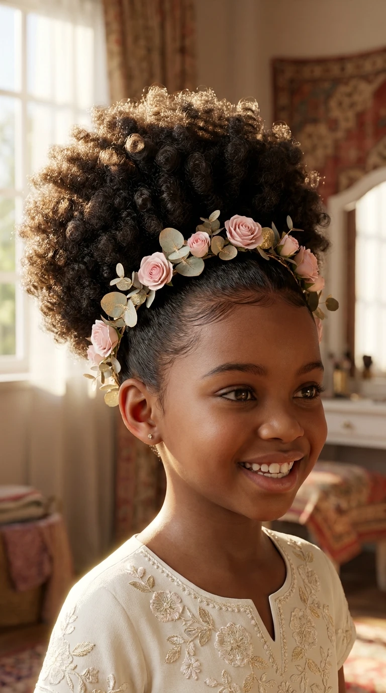 Le puff afro avec couronne de fleurs