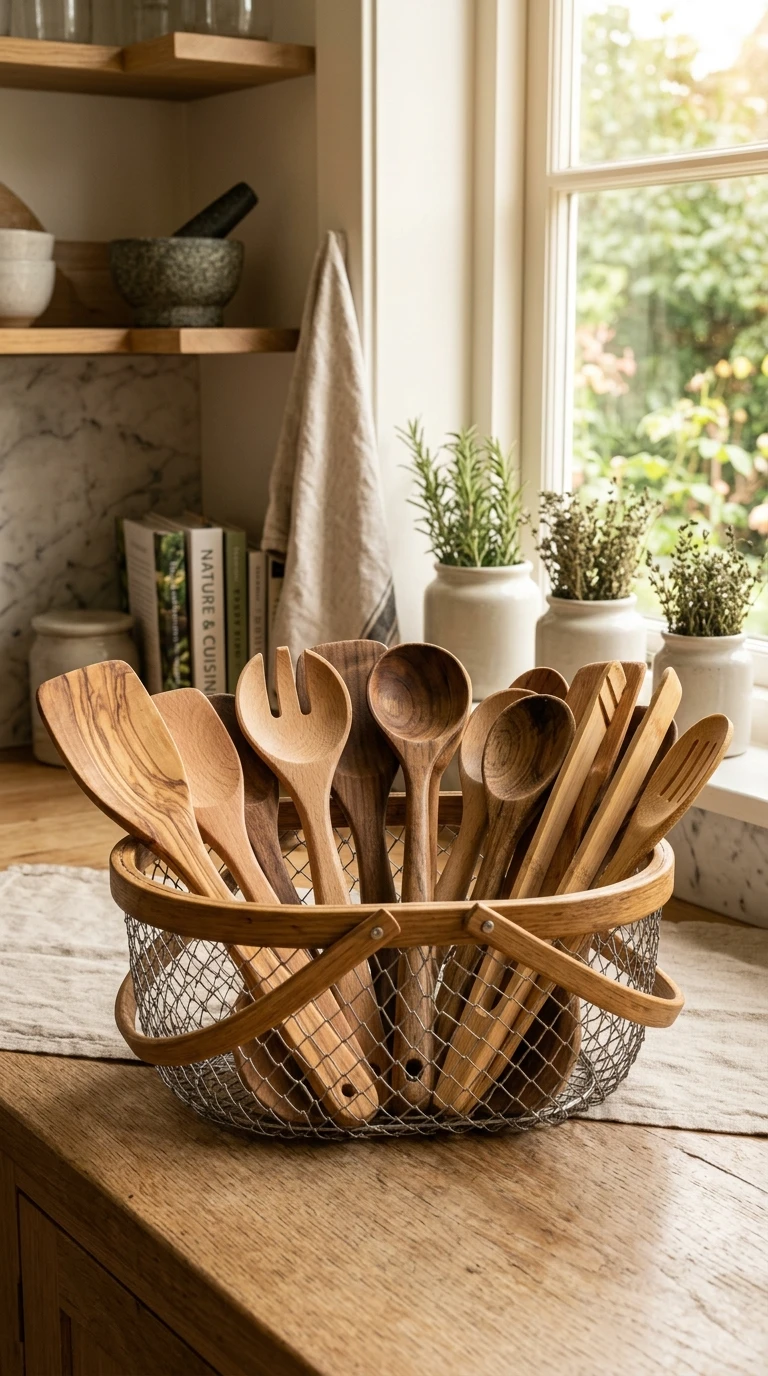 Le rangement des couverts en bois, à l'écart de l'eau