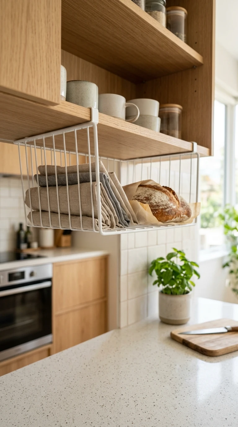 Le rangement suspendu sous une étagère