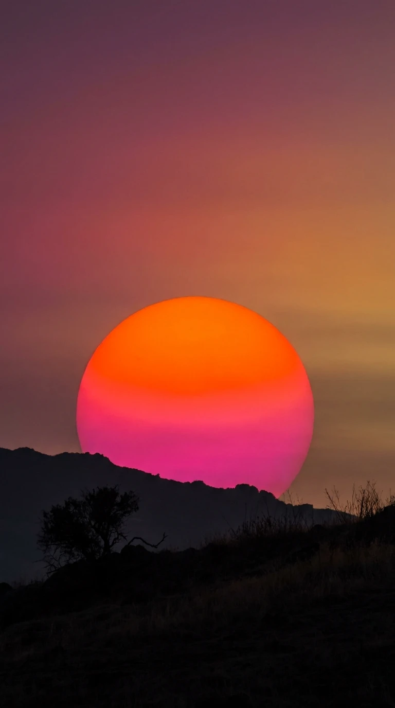 Le soleil simplifié en cercle derrière une colline