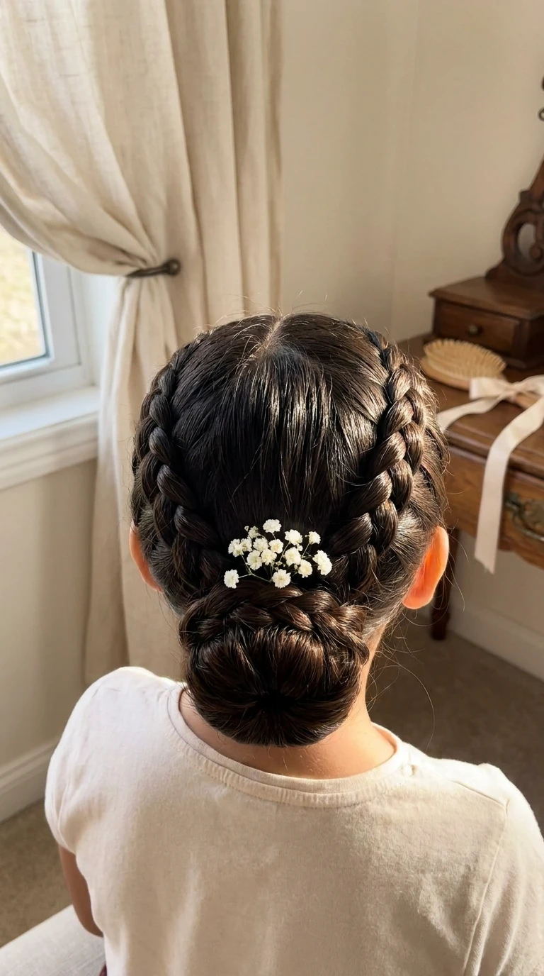 Les deux tresses plaquées vers un chignon bas