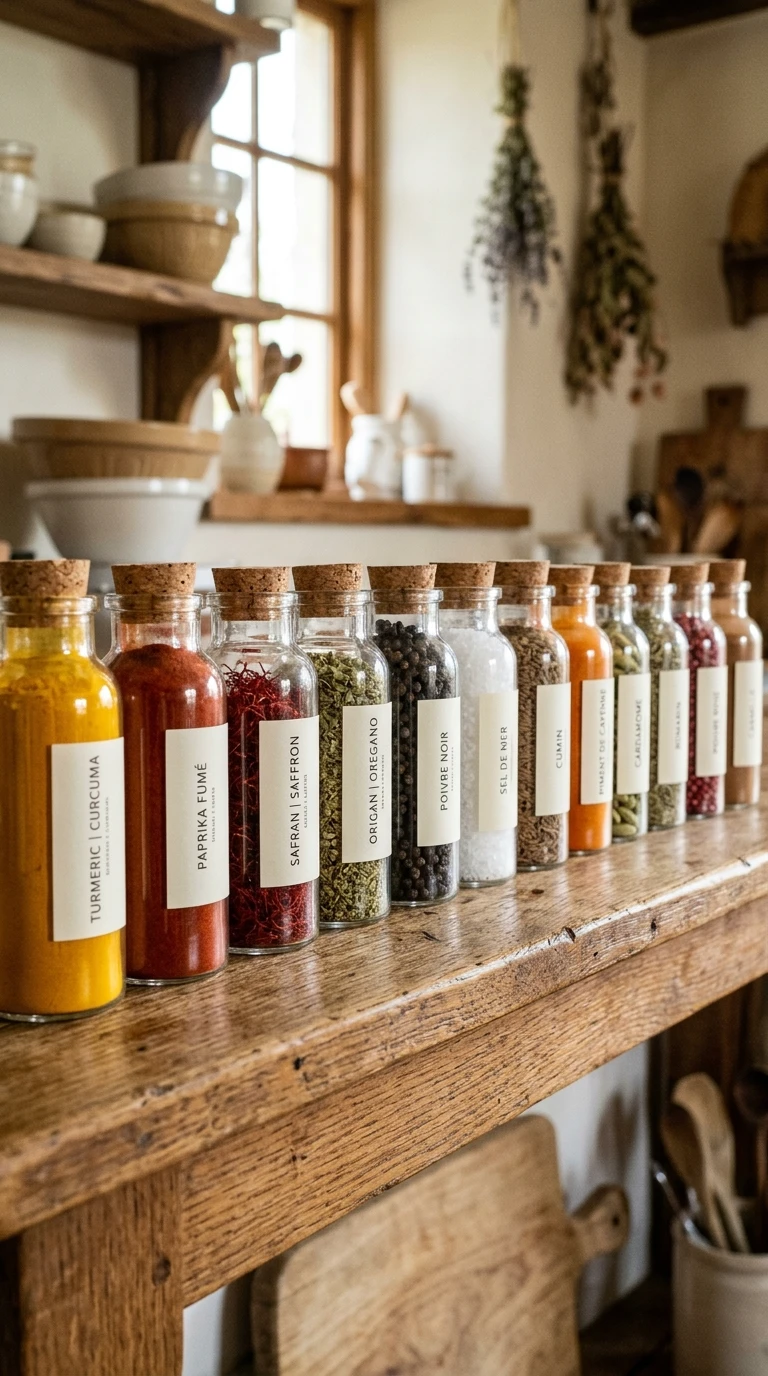 Les épices et condiments présentés en bocaux étiquetés