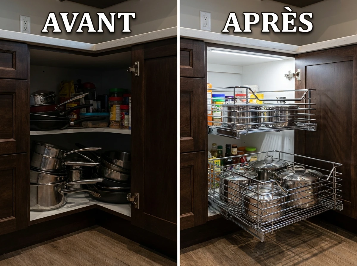 Les paniers coulissants dans un meuble bas profond