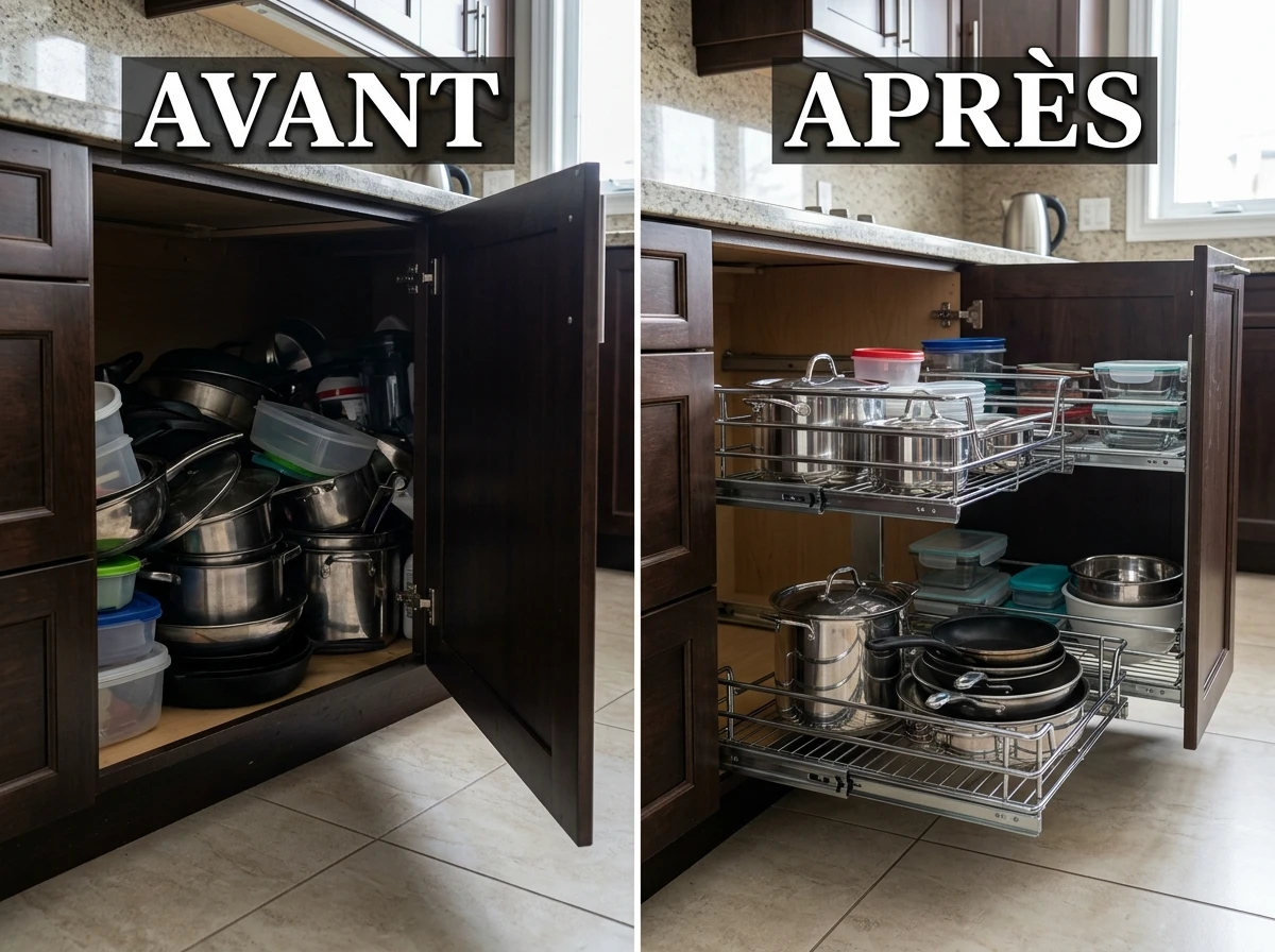 Les paniers coulissants dans un meuble bas profond