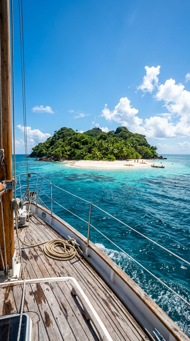 L'île tropicale vue depuis un bateau