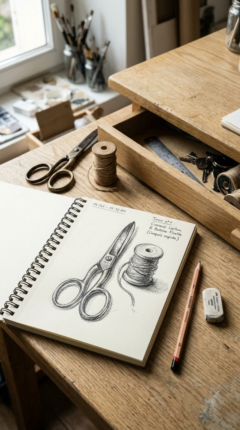 Ouvre un tiroir au hasard et dessine le premier objet trouvé
