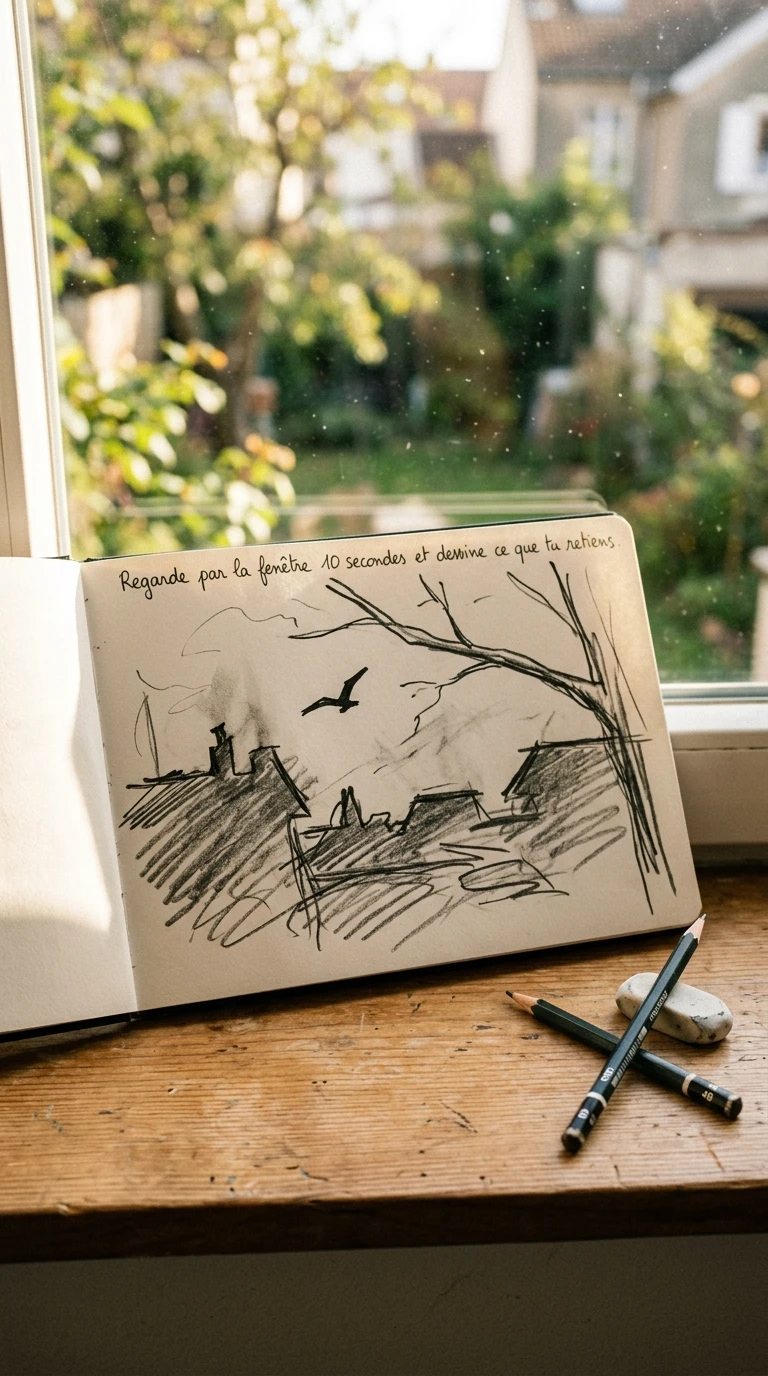 Regarde par la fenêtre dix secondes et dessine ce que tu retiens