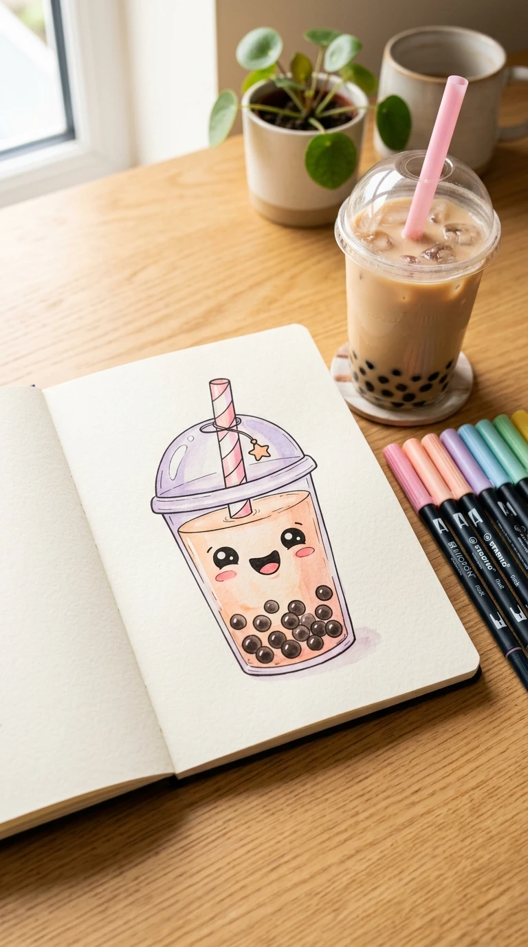 Un bubble tea avec un visage souriant sur le gobelet