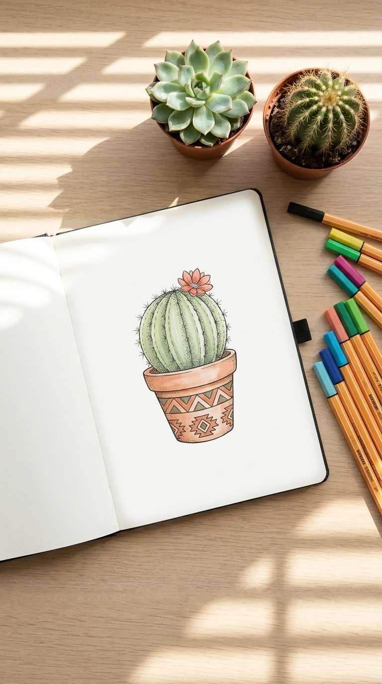 Un cactus en pot avec un motif sur le pot
