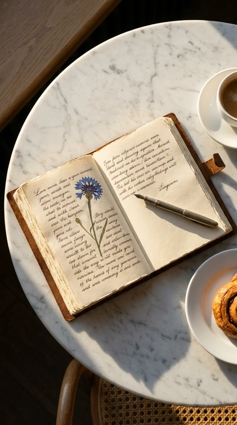 Un carnet ouvert avec un stylo, posé sur une table de café