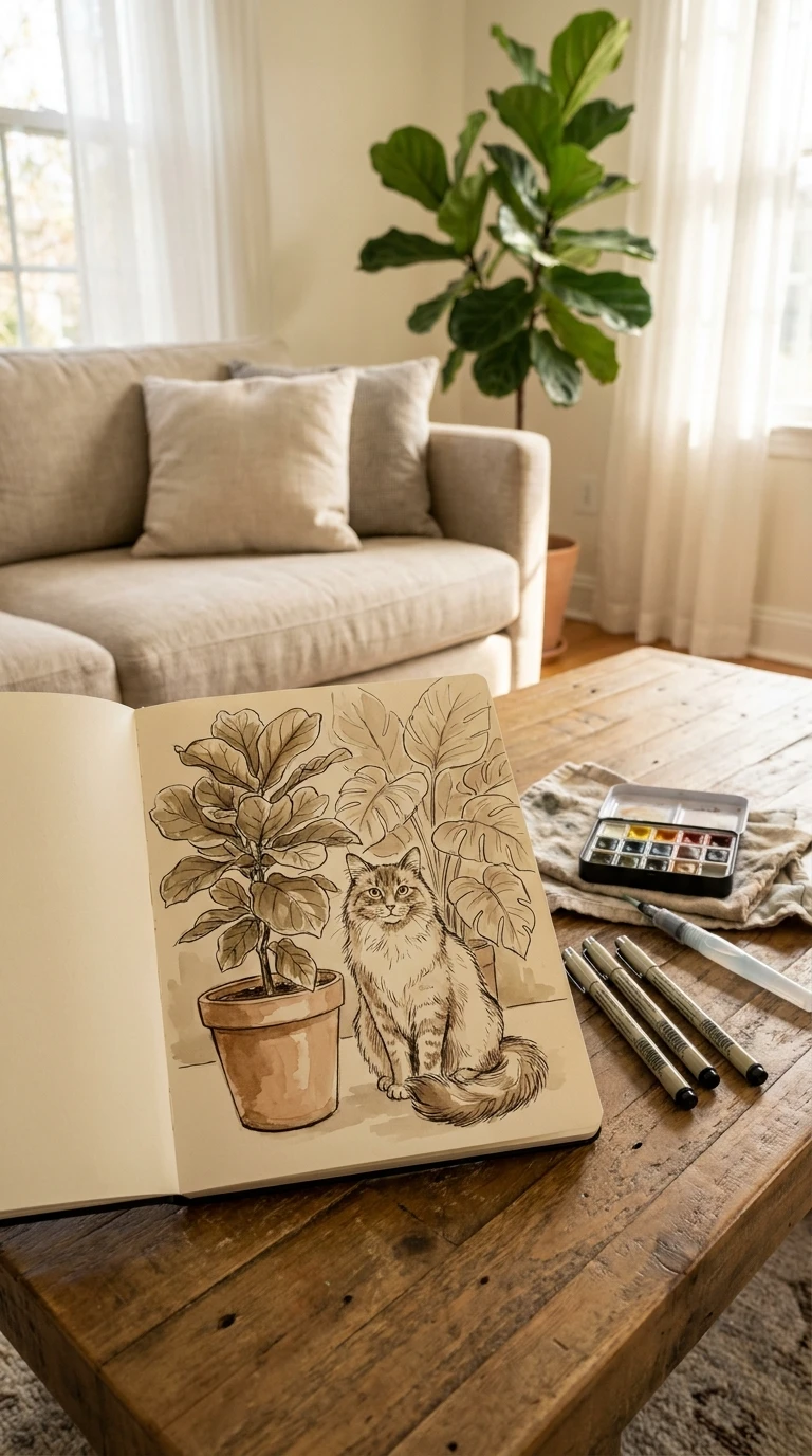 Un chat assis à côté d'une plante en pot