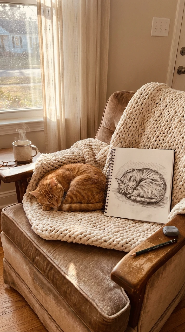 Un chat en train de dormir, en boule