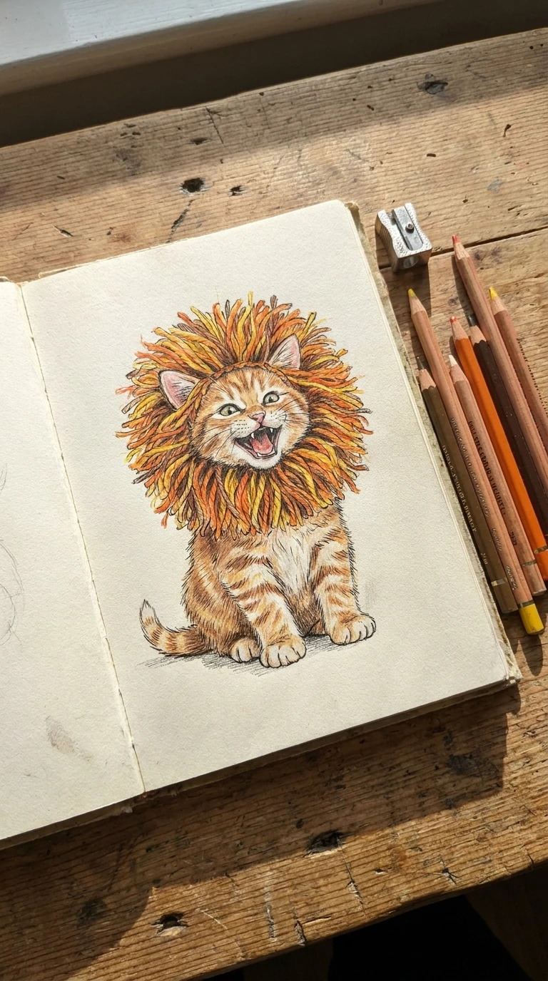 Un chat qui se prend pour un lion, avec une crinière en pompon