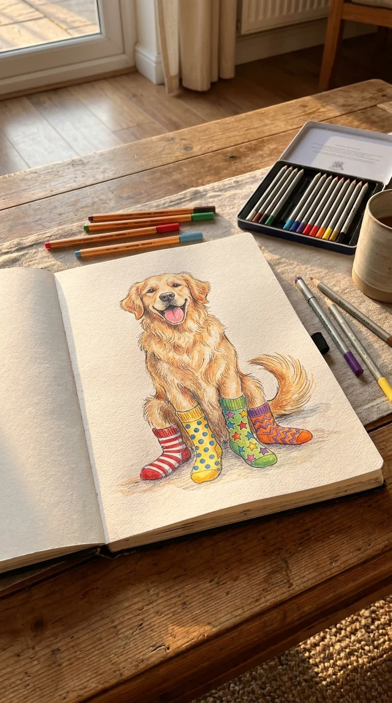 Un chien qui porte fièrement des chaussettes dépareillées
