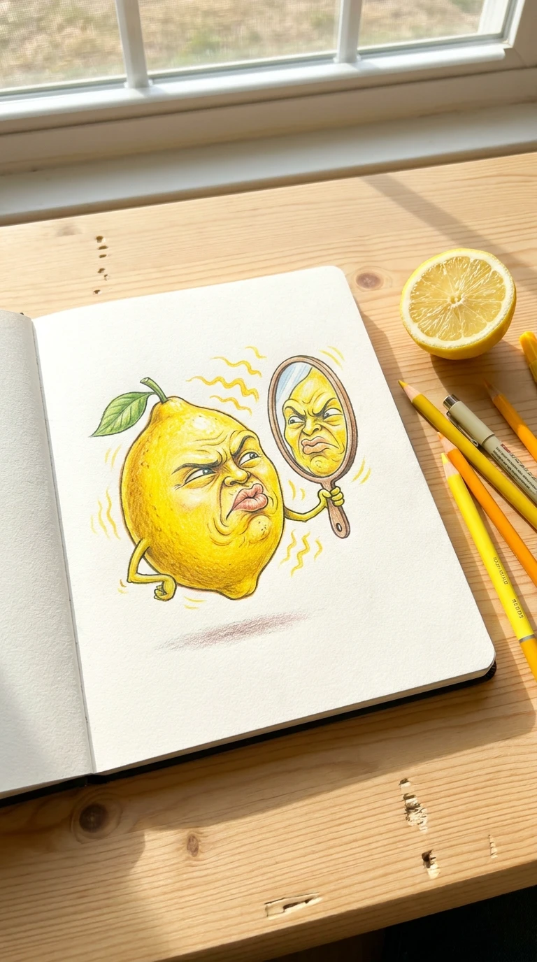 Un citron qui grimace visiblement en se regardant lui même dans un miroir