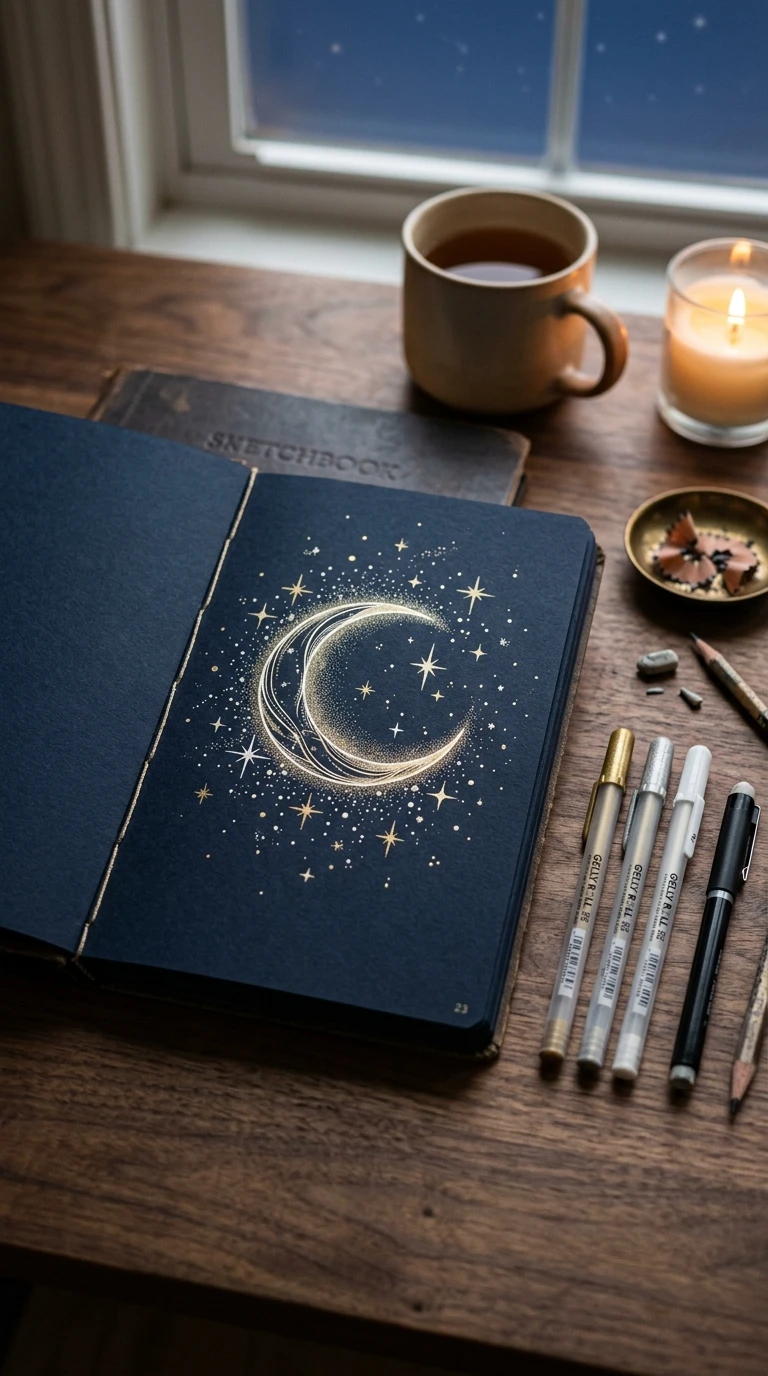 Un croissant de lune entouré d'étoiles