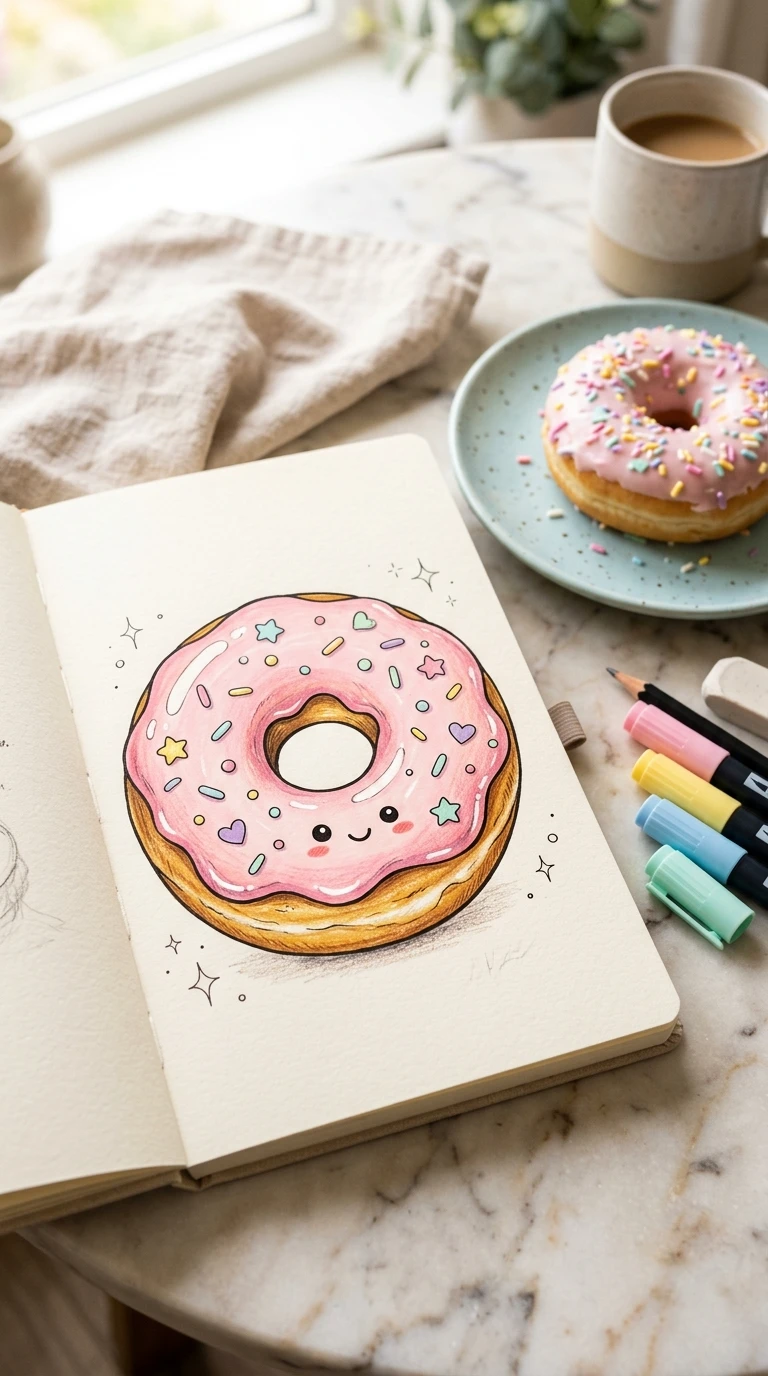 Un donut avec un glaçage pastel et des paillettes dessinées