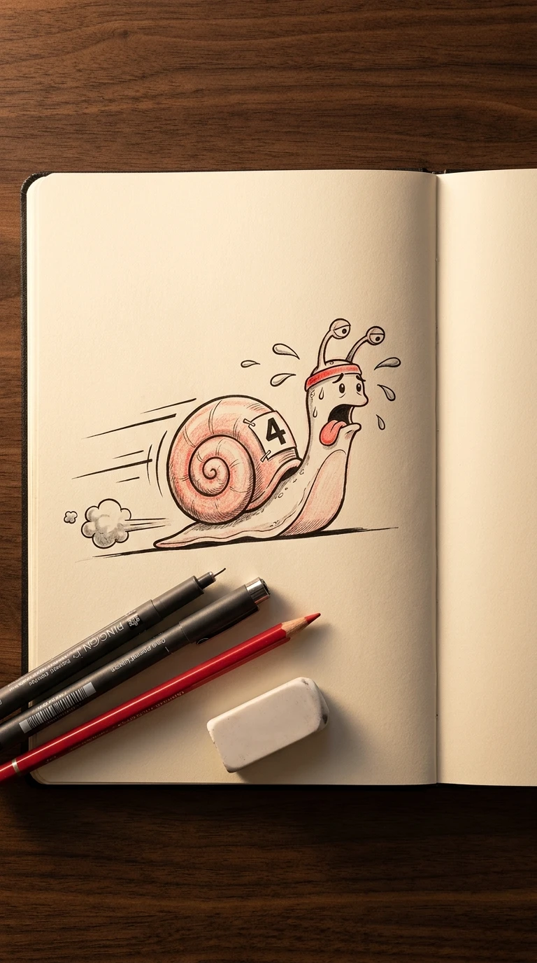 Un escargot qui participe visiblement à une course, complètement essoufflé
